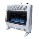 Factory installed Low Oxygen Safety System Certified vent free blue flame heater Emits 30,000 BTU/hr For use with propane gas Heats up to 1000 sq. ft. Blue flame burner for even convection heat Mr. Heater Liquid Propane Vent-Free Blue Flame Heater, 1,000 sq. ft., 30,000 BTU