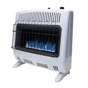 Factory installed Low Oxygen Safety System Certified vent free blue flame heater Emits 30,000 BTU/hr For use with propane gas Heats up to 1000 sq. ft. Blue flame burner for even convection heat Mr. Heater Liquid Propane Vent-Free Blue Flame Heater, 1,000 sq. ft., 30,000 BTU