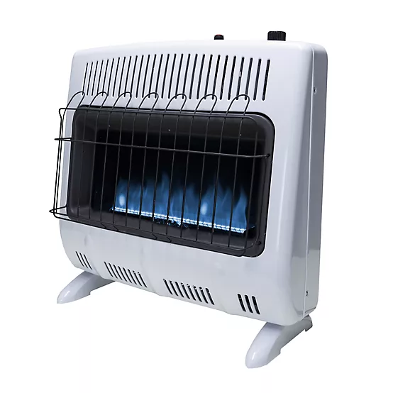 Factory installed Low Oxygen Safety System Certified vent free blue flame heater Emits 30,000 BTU/hr For use with propane gas Heats up to 1000 sq. ft. Blue flame burner for even convection heat Mr. Heater Liquid Propane Vent-Free Blue Flame Heater, 1,000 sq. ft., 30,000 BTU